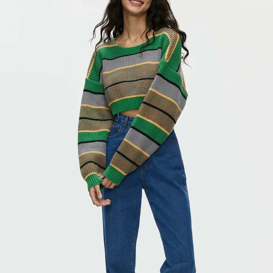 Hooded Women's New Style Spicy Girl Striped Color Blocked Loose Knit Short Sweater Jacket Women