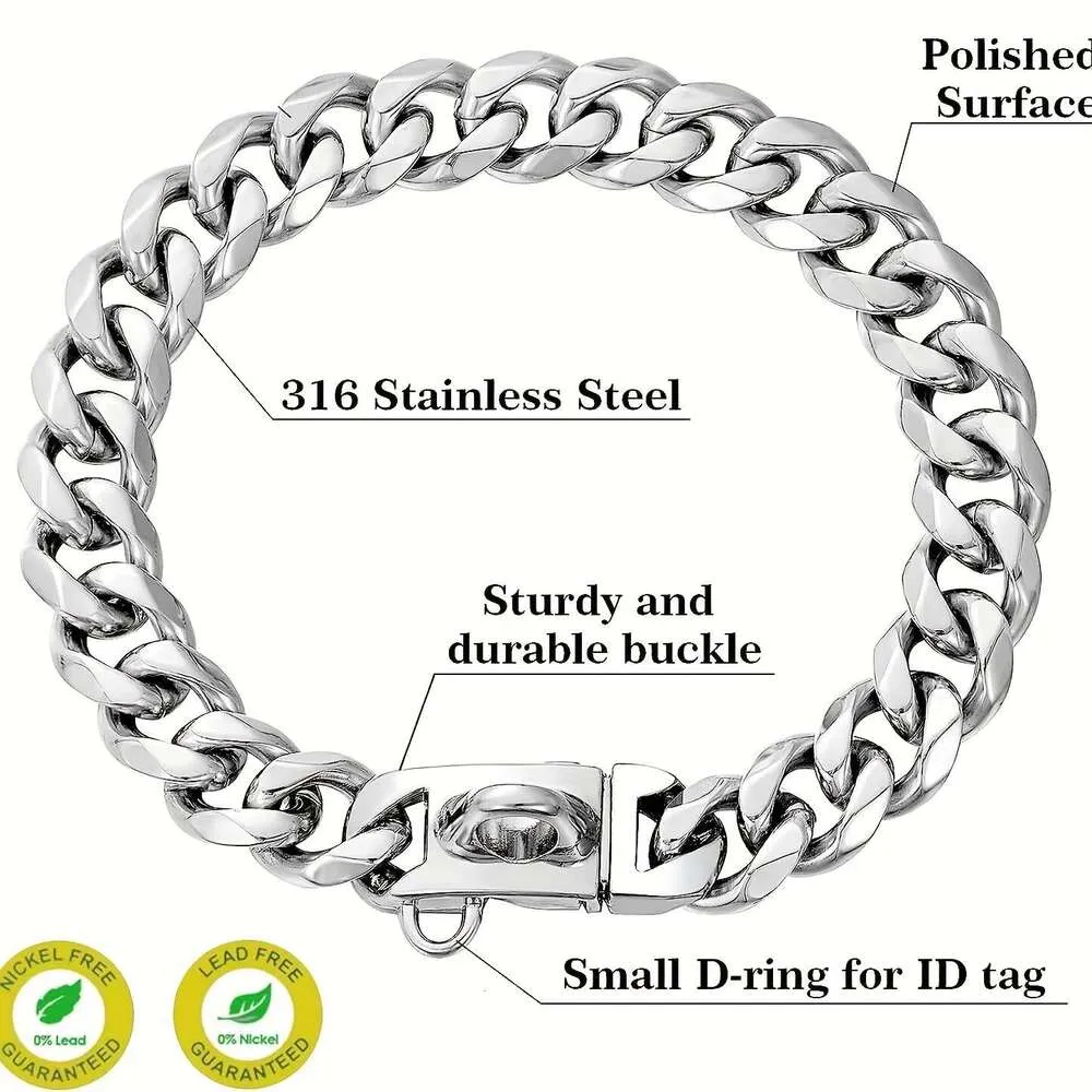 15mm Dog Chain Walking Metal Collar With Design Secure Buckle Cuban Link Strong Heavy Duty Chew Proof