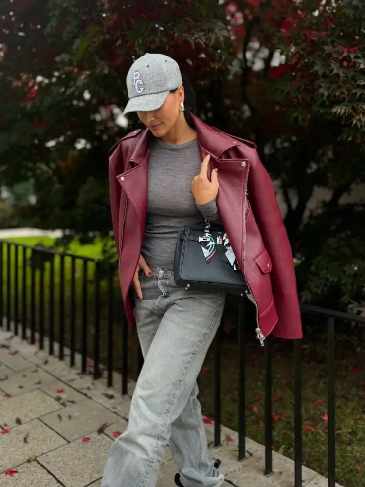 Vintage Wine Red Irregular Zipper Pu Leather Jacket For Women Fashion Lapel Buttons Long Sleeve Coat Female Street Outwear 250103