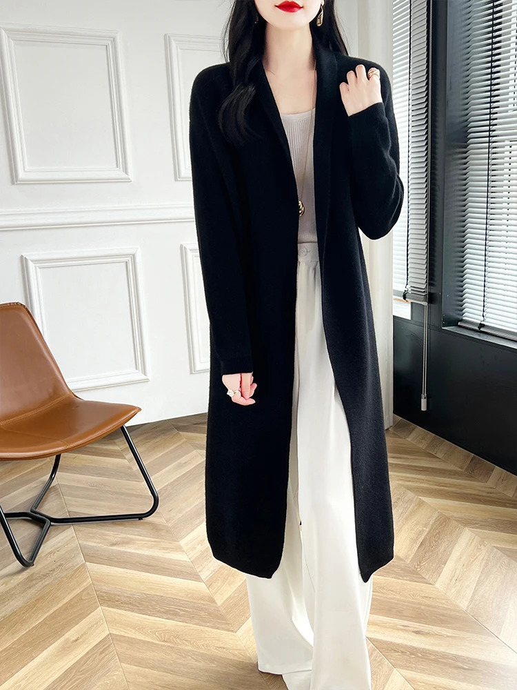 Women Long Cardigan Cashmere Sweater Spring Autumn Winter Office Lady Loose Coat 100% Merino Wool Knitwear Korean Fashion 250106