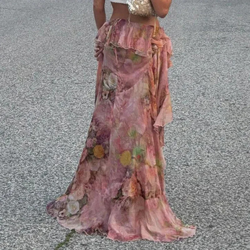 Boho Floral Print Irregular Long Skirt Holiday Party Retro French Style Aline Ruffle Maxi Skirts Coquette 250106