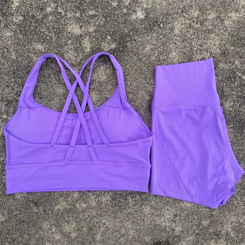 Yoga Shorts Set Gym Sports Set Women Workout Clothes 2 Piece Fitness Suit Cross Straps Bra High Waist Shorts Running TracksuitXJ250109