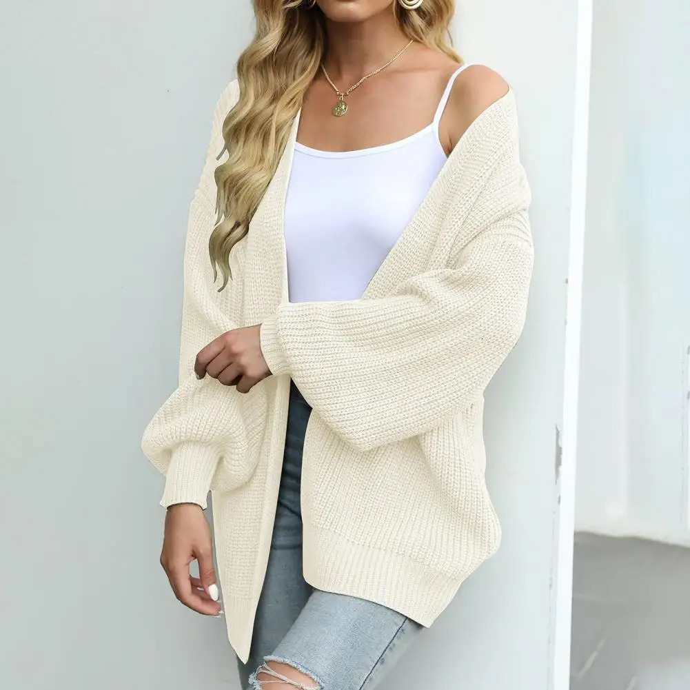 Women Autumn Winter Lantern Long Sleeve Cardigan Sweater Open Front Solid Color Mid-length Knitting Coat Streetwear 250106