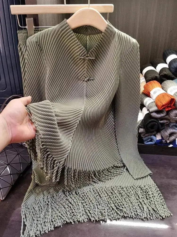 Spring Vintage Tassels Miyake Pleated 2 Pieces Set Women Solid Office Stretch Blouse TopElastic Waist Midi Skirt Suit 250106