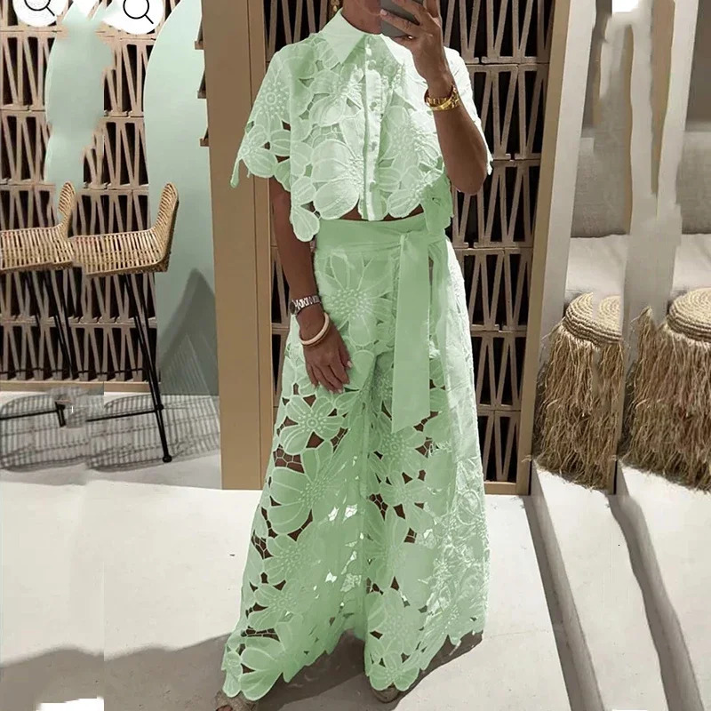 Sexy Women Lace Embroidery Hook Flower Hollow 2 Pieces Summer Temperament Solid Color Tailored Collar TopWide Leg Pants Suit 250109