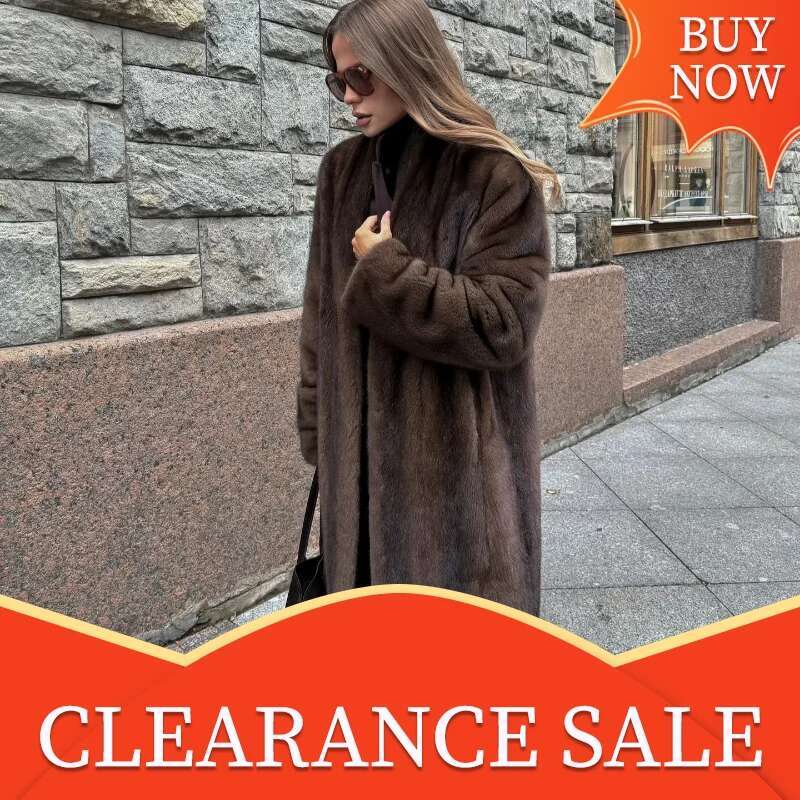 Women Fashion Dark Brown Thicken Warm Faux Fur Long Overcoat Retro Full Sleeve Oversize Stand Collar Jacket New Lady Streetwear