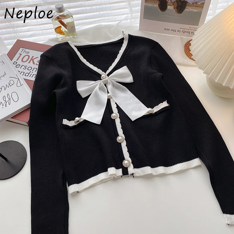 Neploe Vneck Bowknot Decoration Sweet Woman Sweaters Autumn Korean Style Short Knitted Cardigans Pearl Button Knit Tops 250108