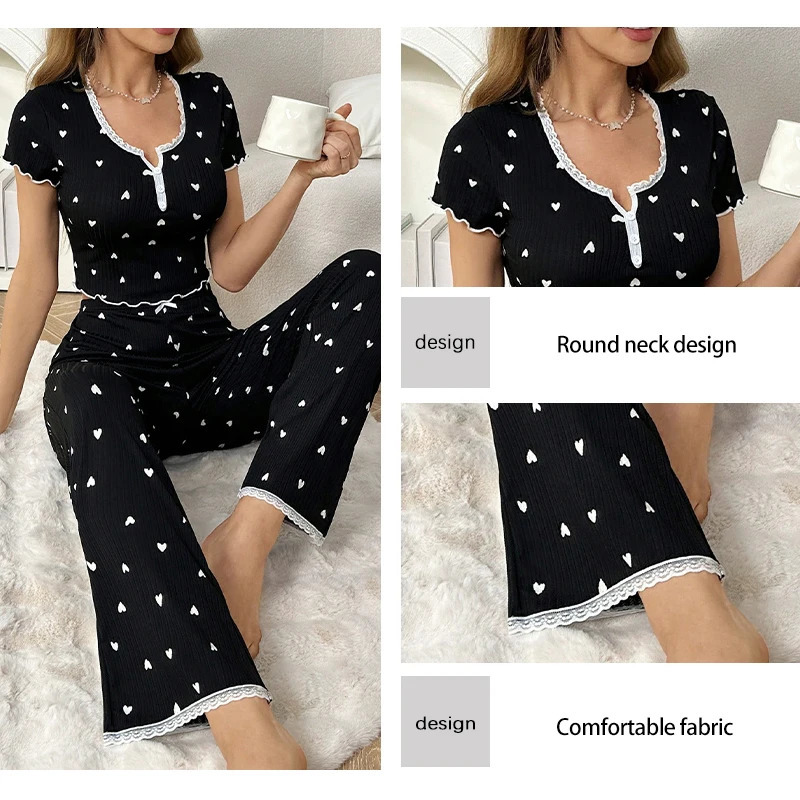 Womens Casual Pajamas Set Love Print Black Lounge Wear Decorative Button Lace Edge Short Sleeve Pants 250106