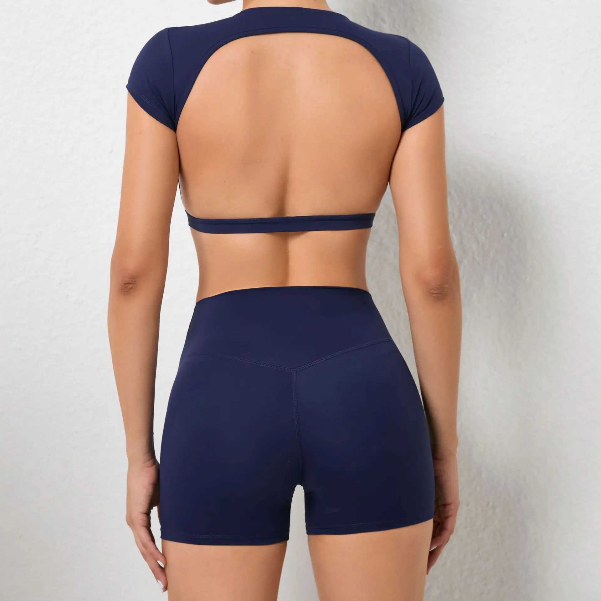 Yoga Sets Workout Sets for Women Clothes 2 Pieces Gym Suits Sports Short Sleeves High Waist Shorts Outfits Fitness RunningXJ250109