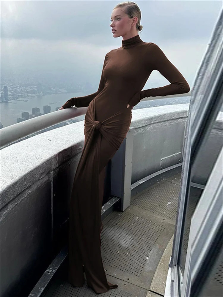 Tossy Fashion Bandage Spring Maxi Dress For Women Slim Pleated Long Sleeve Lace-Up Party Dress Ladies Solid Long Dress 250109