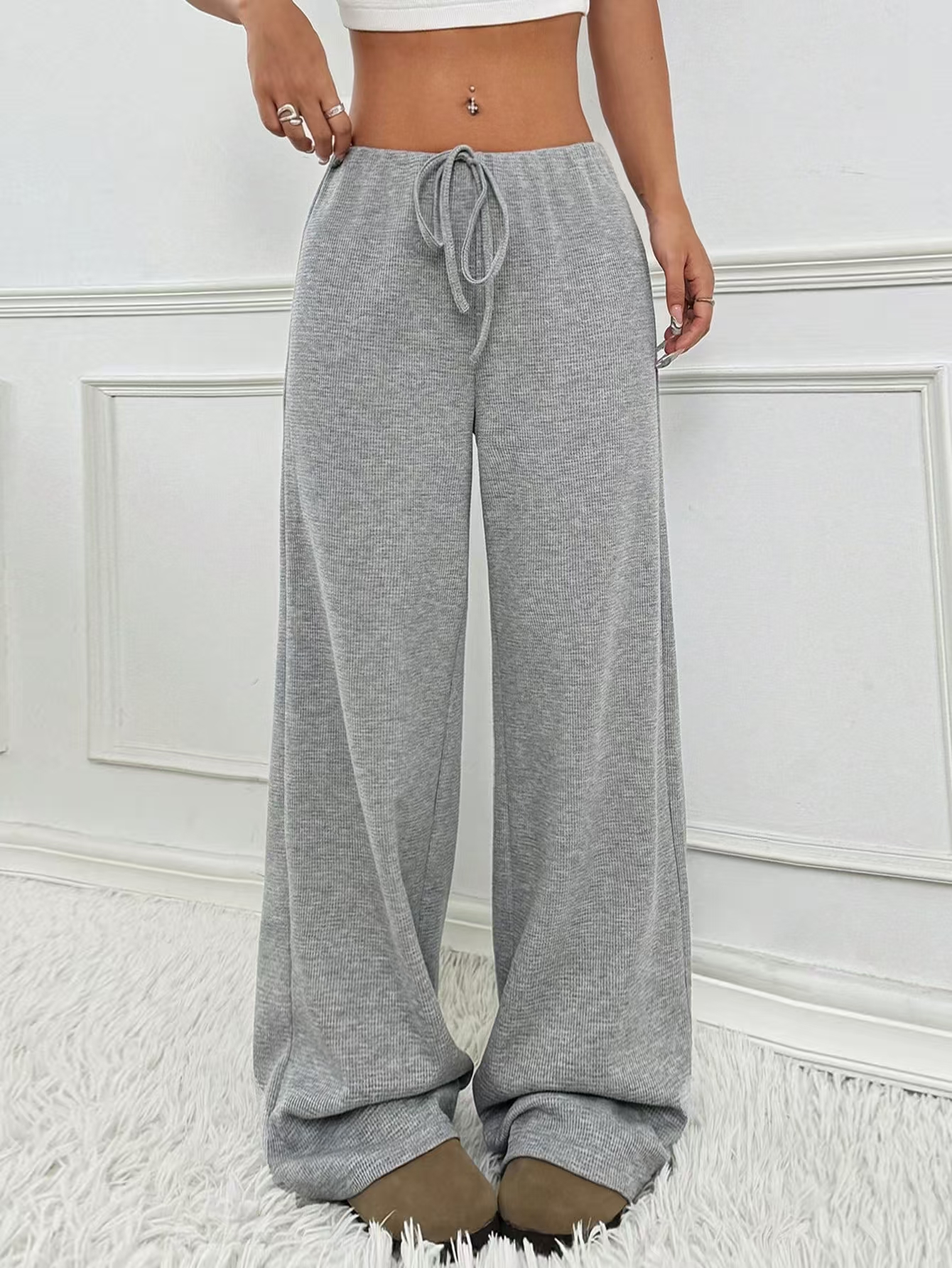 Thin towel wide-leg pants women's high waist drooping loose slim straight casual striped knitted pants mopping the floor in summer#3453