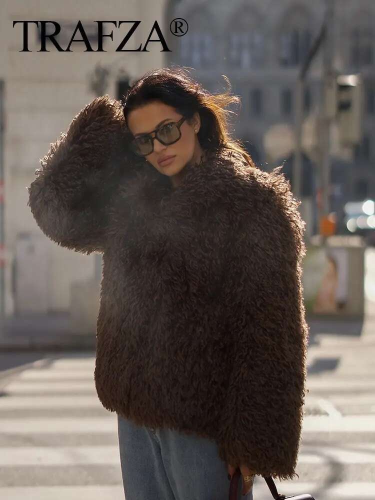 TRAFZA Female High Street Faux Fur Loose Warm Brown Turn Down Collar Long Sleeves Winter Thick Coats Woman 2024 Trendy