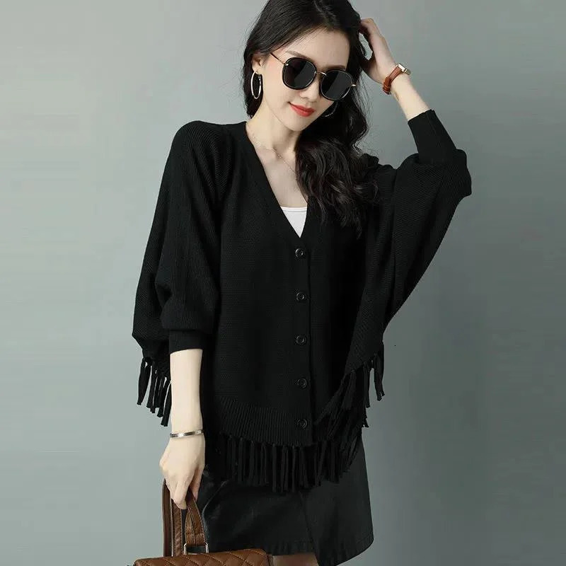 Fringed Bat Shirt Knit Cardigan Women Fashion Loose Coat Spring Autumn Short Jacket Foreign Sweater Outerwear Female Top 250108