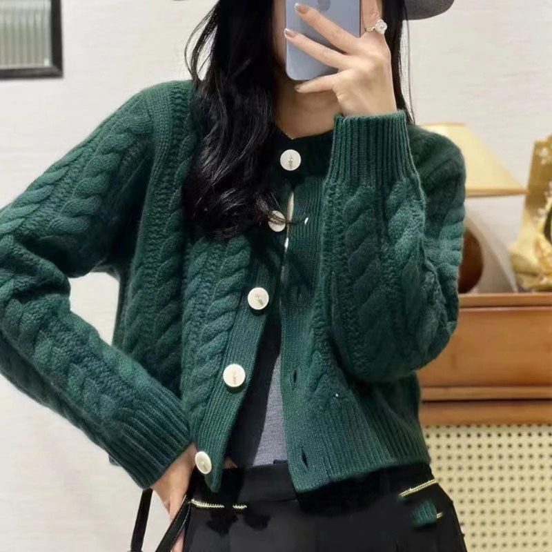 Autumn Long Sleeve Solid Color Singlebreasted Loose Knitted Cardigan Fashion Sweater Coat Women Female Casual Short Tops 250108