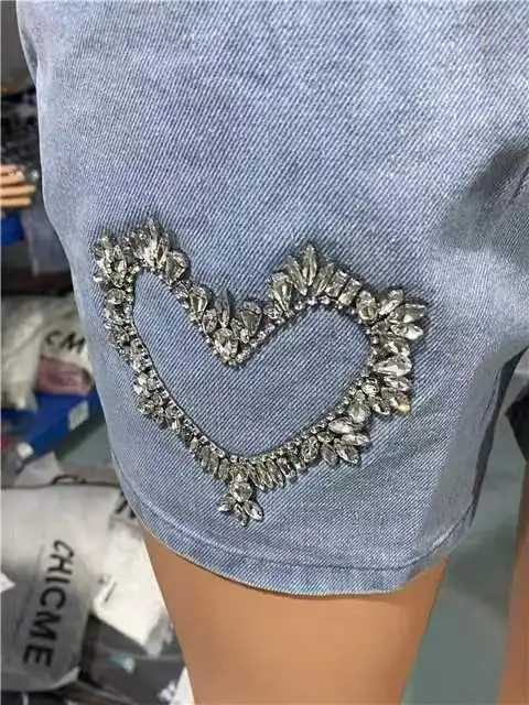 Y2K Womens Denim Shorts Summer Daily Fashion Rhinestone Pocket Design Casual Knee Mini Denim Shorts Street Wear M250110 - view 7