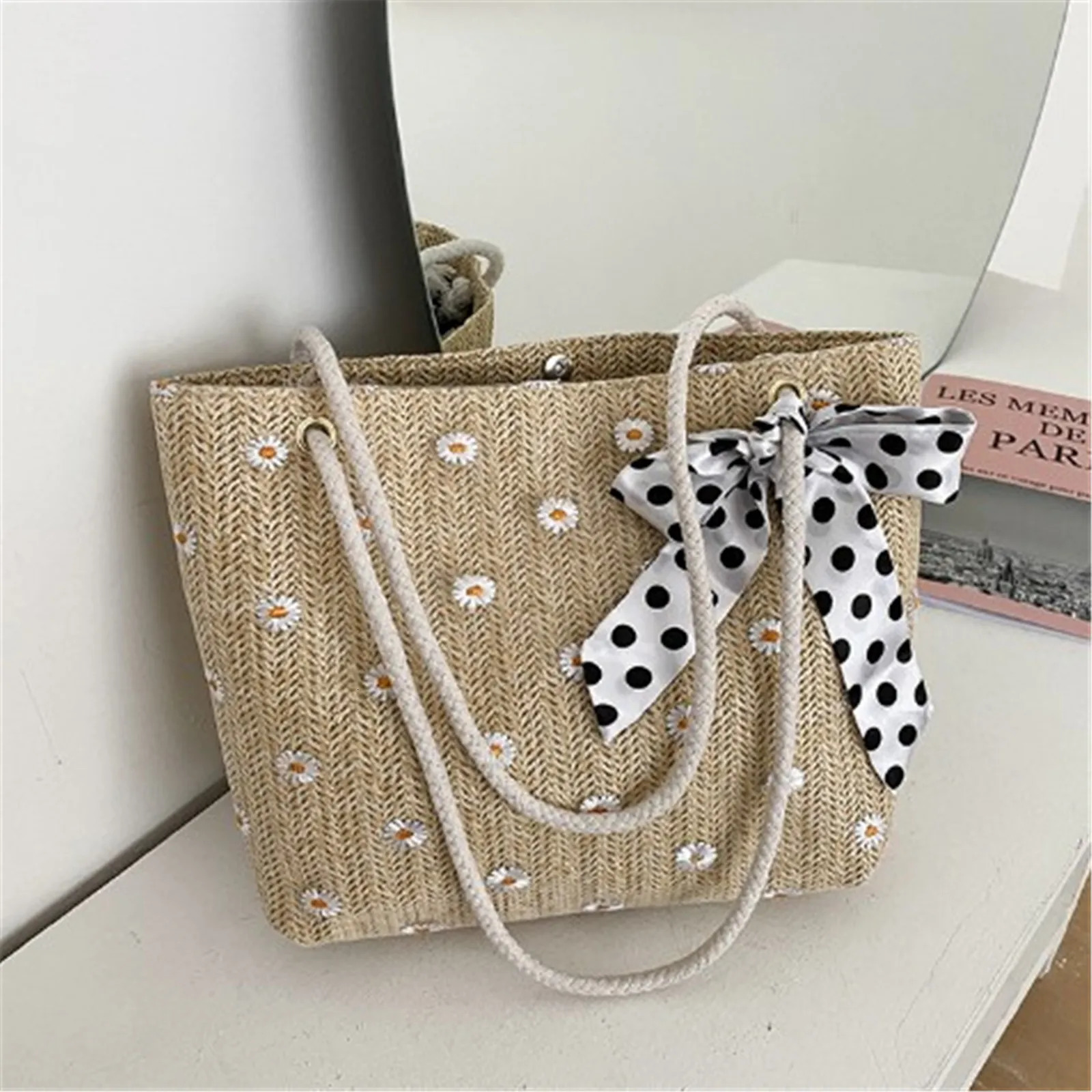 Straw Braided Silk Scarf One-shoulder Handbag Ladies Solid Large-capacity Fashion Simple Handbags Summer Travel Beach Bag 250106
