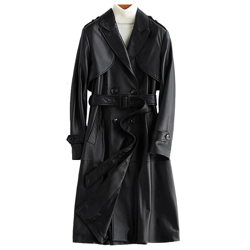 Lautaro Autumn Long Black Pu Lather Trench Coat for Women Sleeve Belt Epaulets British Style Fashion Leather Overcoat 250103
