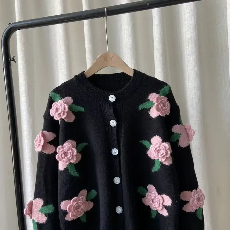 Casual Sweater Female Cardigan Women Loose Outer Coat Long Sleeve 3D Flower Round Neck Knitted 250108