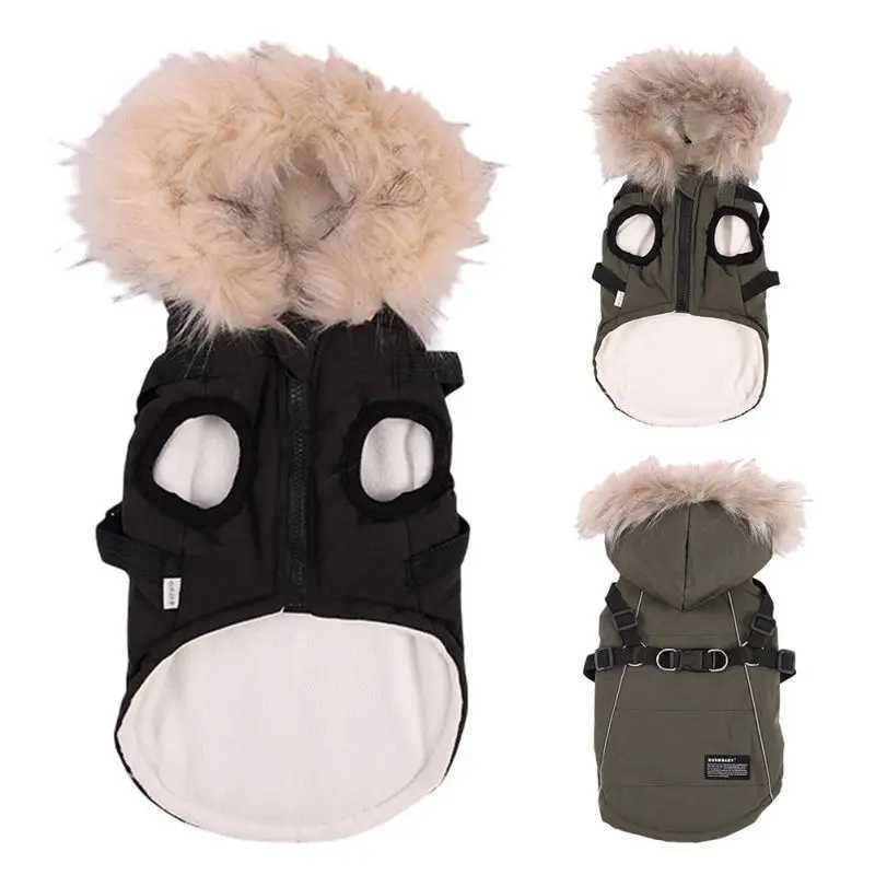 Autumn Winter Warm Pet Dog Jacket With Harness Hooded Dog Padded Coat with Imitation Fur Hat For Small Medium Dogs Puppy CoatXJ250109