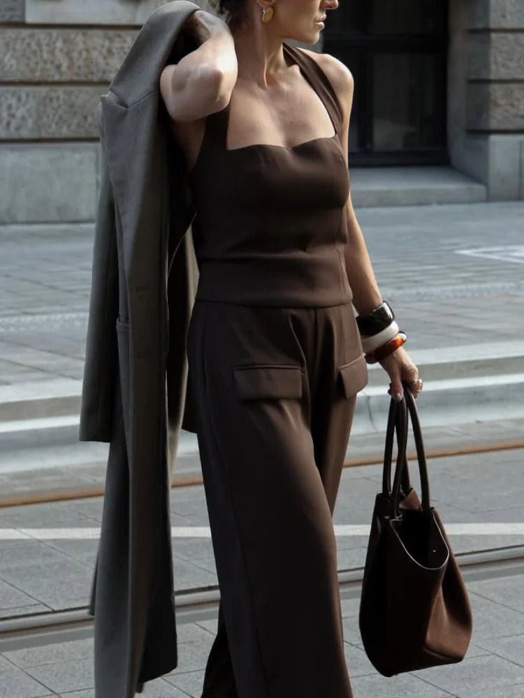 Solid Square Collar Halter Vest Pants Sets Women Slim Backless Sleeveless Tops High Waist Wide Leg Pant 2025 Lady Office Outfit 250109