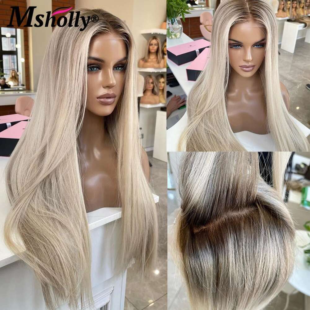 Ombre Ash Transparent Straight 13x4 Lace Front Wigs For Women Preplucked Blonde Remy Human Hair Wig