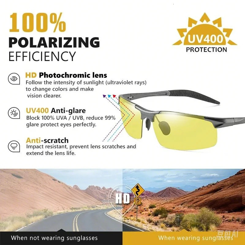 CLLOIO Rimless Aluminium Pochromic Day Night Vision Anti Glasses Men Polarized Sunglasses Driving Travel Fishing Goggle 241228