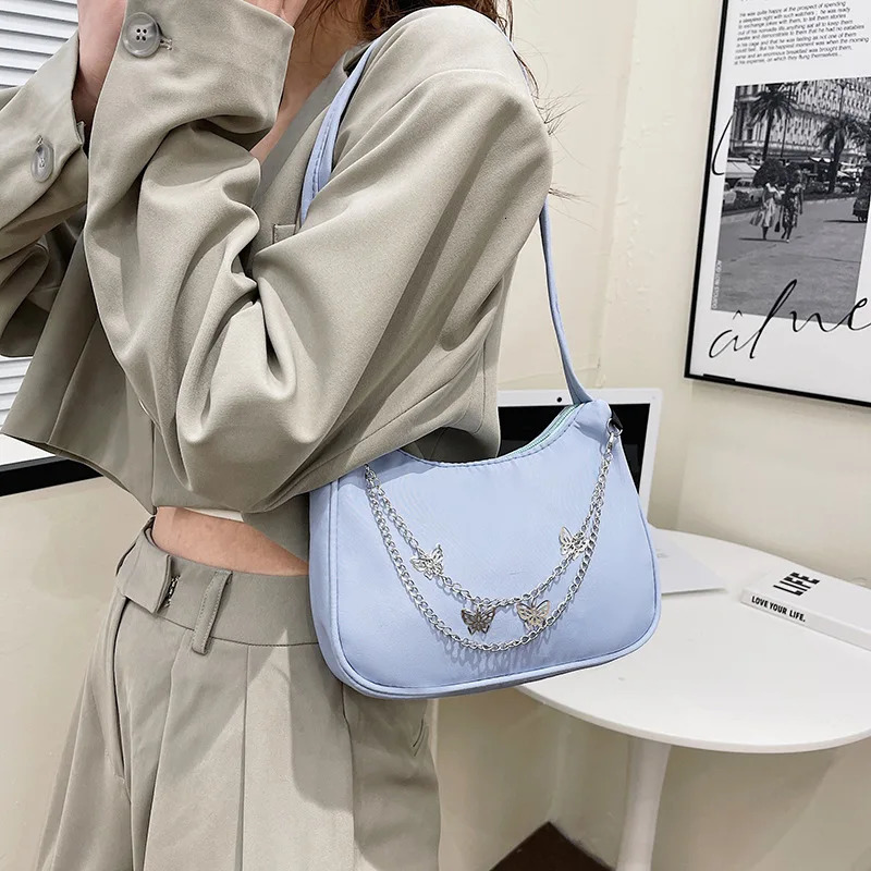 Fashion Women Small Shoulder Underarm Bag PU Leather Nylon Ladies Vintage Butterfly Chain Pure Color Zipper Mini Purse Handbag 250106