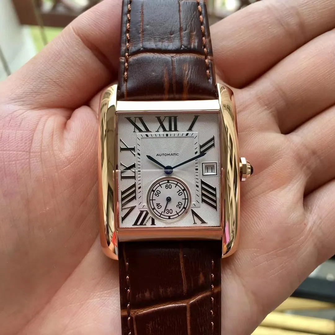 Mens Watch Men Automatic Mechanical Movement Watches Black Leather Strap Fashion Designer Wristwatches Casual Square Shape Man Wristwatch