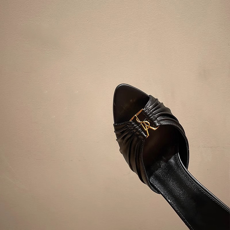 Wrinkled surface metal buckle fish mouth sexy slim heeled sandals 2024 new high heels with open toe slippers for women's outdoor wear