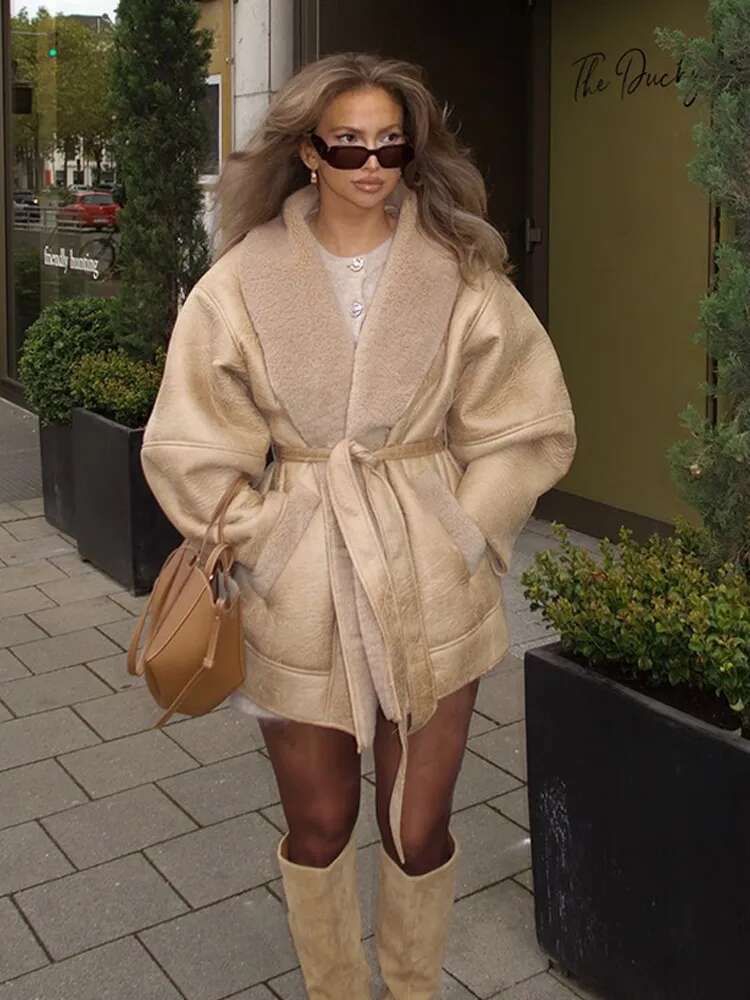 Faux Wool Leather Coats With Belt For Women Loose Lapel Pocket Long Sleeve Overcoat 2024 Female Autumn Winter Warm Streetwear