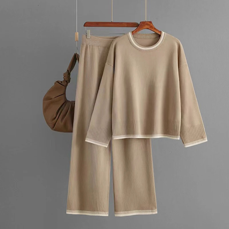 HELIAR Women Knit Sports 2 Piece Set Contrast Color ONeck Long Sleeve Autumn Pullovers High Waist Wide Leg Pants Casual Suit 250106