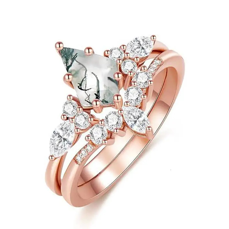 jewelry natural green moss stone agate high quality womens twopiece wedding ring set 250109