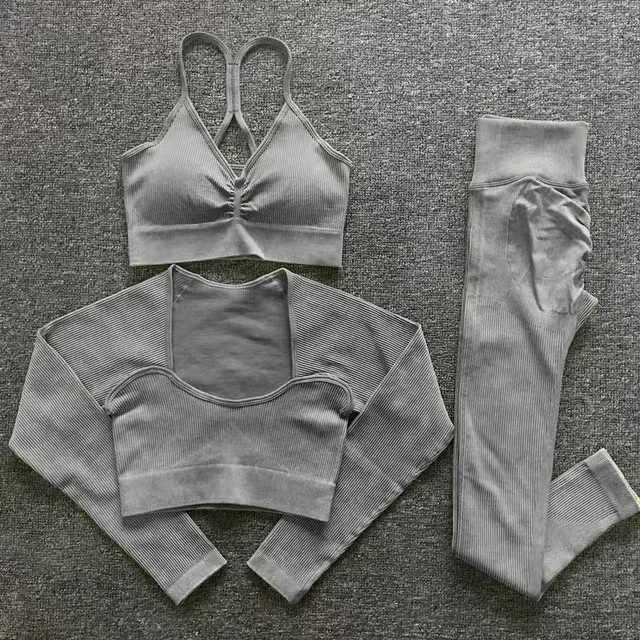 2/3PCS Seamless Washed Ribbed Yoga Sets Sports Fitness Crop Top Shirt Outfit Legggings Suits Workout Clothes Gym Sets for WomenXJ250109