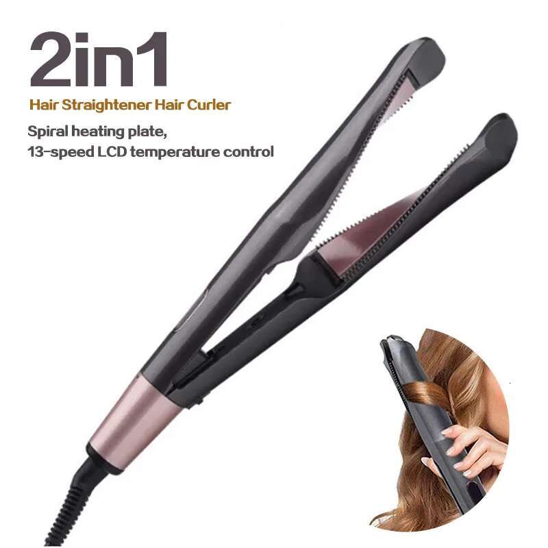 2 in 1 Professional Hair Straightener PTC Ceramic Fast Heating Styg Flat Wet & Dry Spiral Curg Iron