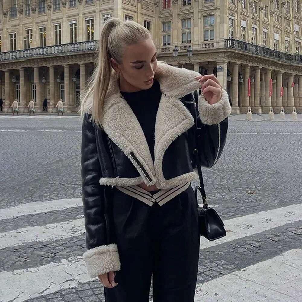 Autumn/Winter New Style European American Double-Sided Loose Fit Zippered Cropped Women's Leather One-Piece Jacket