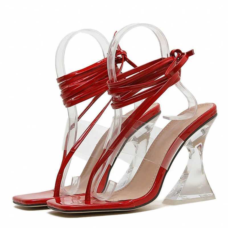 Size 35-42 Sexy Strange Style Transparent High Heels Gladiator Sandals Women Summer Fashion Open Toe Lace-Up Clear Shoes 250110