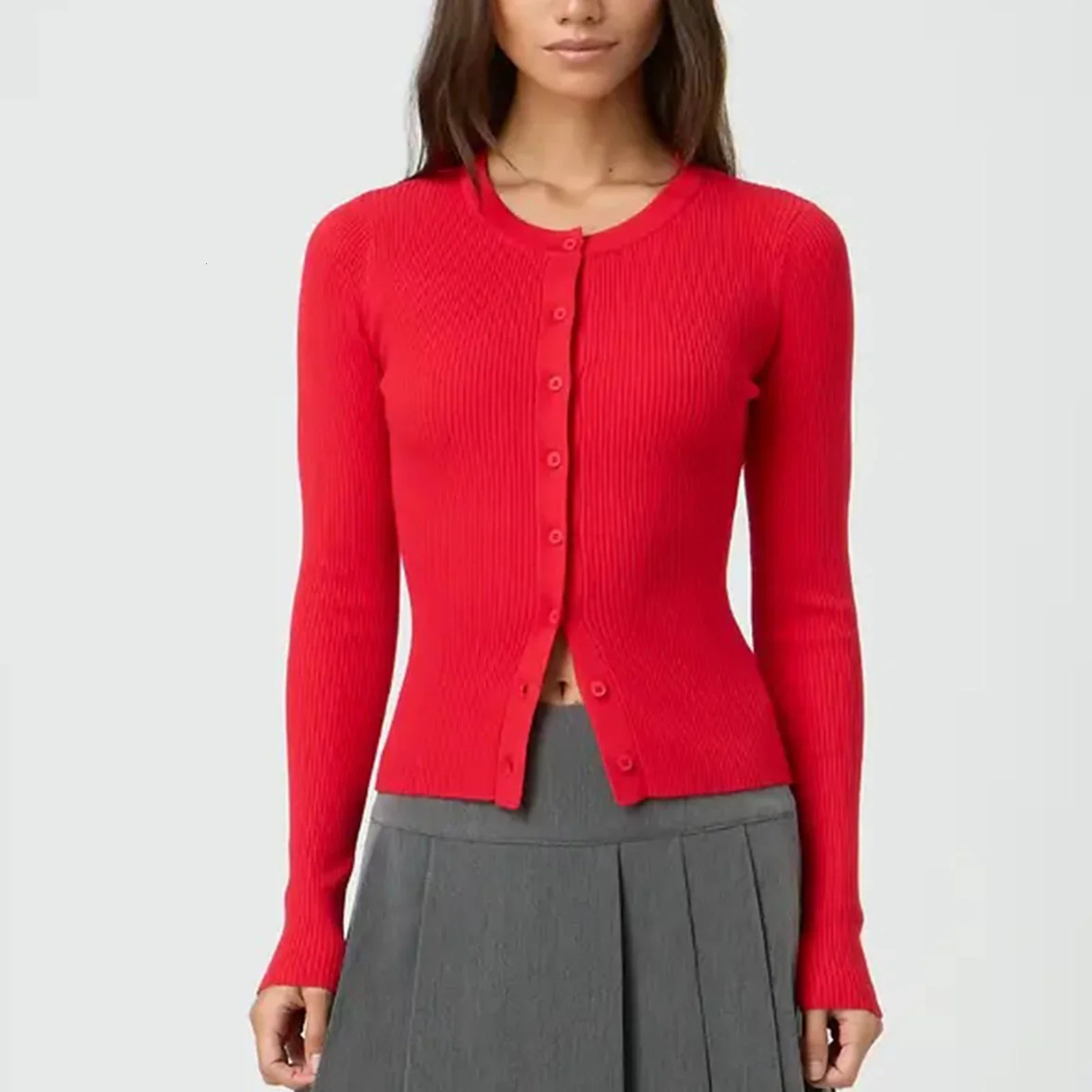 Women Autumn Winter Cardigan Long Sleeve Round Neck Button Up Ribbed Knitwear Slim Sweater 250108