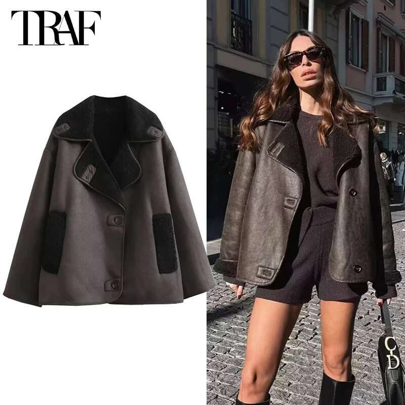 TRAF Thick Leather For Women Autumn Winter Warm Jackets Woman 2024 Faux Wool Coats Long Sleeve Oversized Jacket