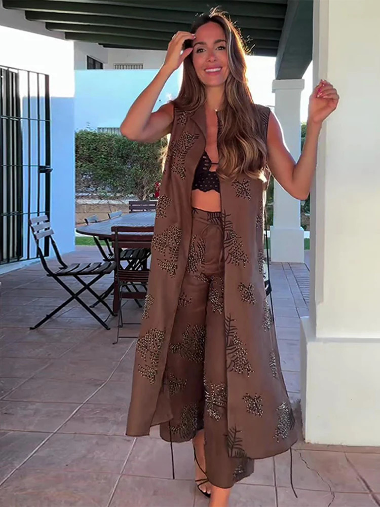 Beaded Embroidery Long Vests Pants Sets Women Sleeveless Glitter Split Tank Tops Wide Leg Trousers Suits Female Outfits Lined 250109