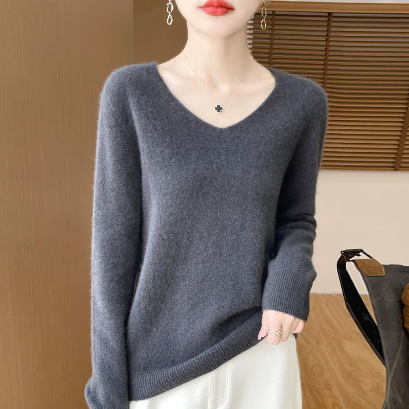 Fashion Pullover 100% Merino Wool Women Sweater VNeck Long Sleeve Basic Jumper Spring Autumn Winter Clothing Knitwear Tops 250108