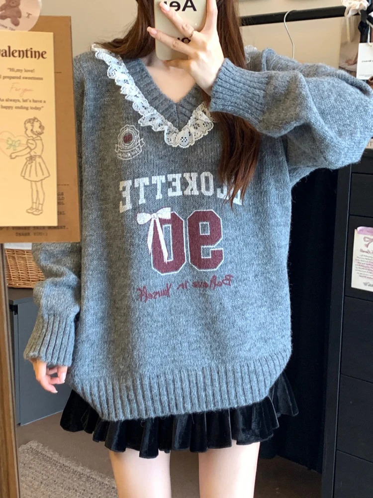 Zoki Lace Patchwork Sweet Sweaters Women Cute Letter Loose Knitted Pullovers Casual Long Sleeve Lazy Wind Elegant Retro Tops 250108