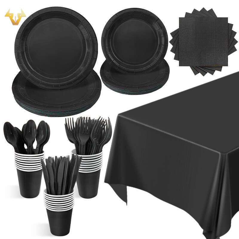 Hot selg solid color set, black tablecloth, paper cup, tissue, disposable party supplies