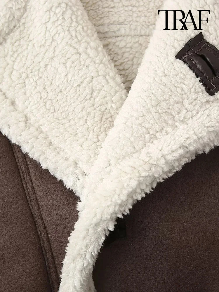 TRAF Womens High Street n Suede Lamb Fur Warm Jacket Coat Autumn and Winter Lapel Fashion Elegant Tops 250103