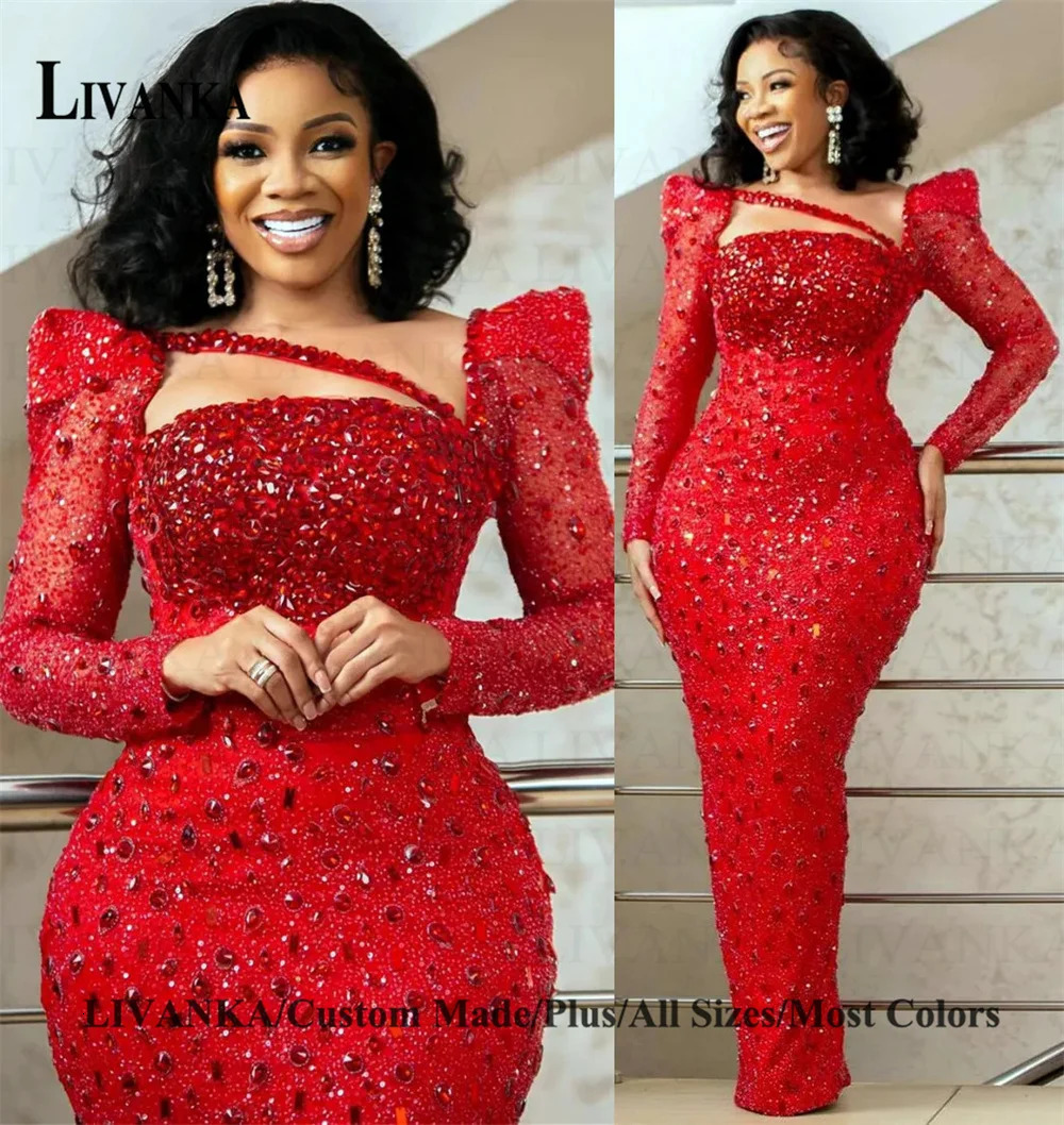 LIVANKA Classic Rhinestones Celebrity Dress Square Collar Full Sleeves Formal Gown Vestido De Noche Customized Plus Size 250106