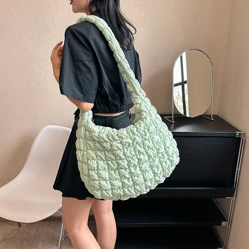 Women Fashion Crossbody Bag Large Capacity Puffy Nylon Casual Handbag Lightweight Quilted Padded Double Zipper Hobo Shoulder Bag 250106