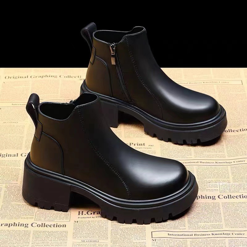 Leather Thick Heel Huizhou Martin Boots for Women Autumn and Winter 2023 New Versatile Thick Bottom Side Zipper with Velvet Casual Short Boots