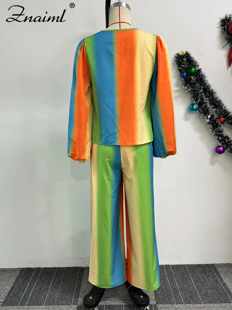 Znaiml Lantern Sleeve Top and Wide Leg Pants Two Piece Set Rainbow Gradient Print Women Outfits Elegant Office Birthday Party 250106