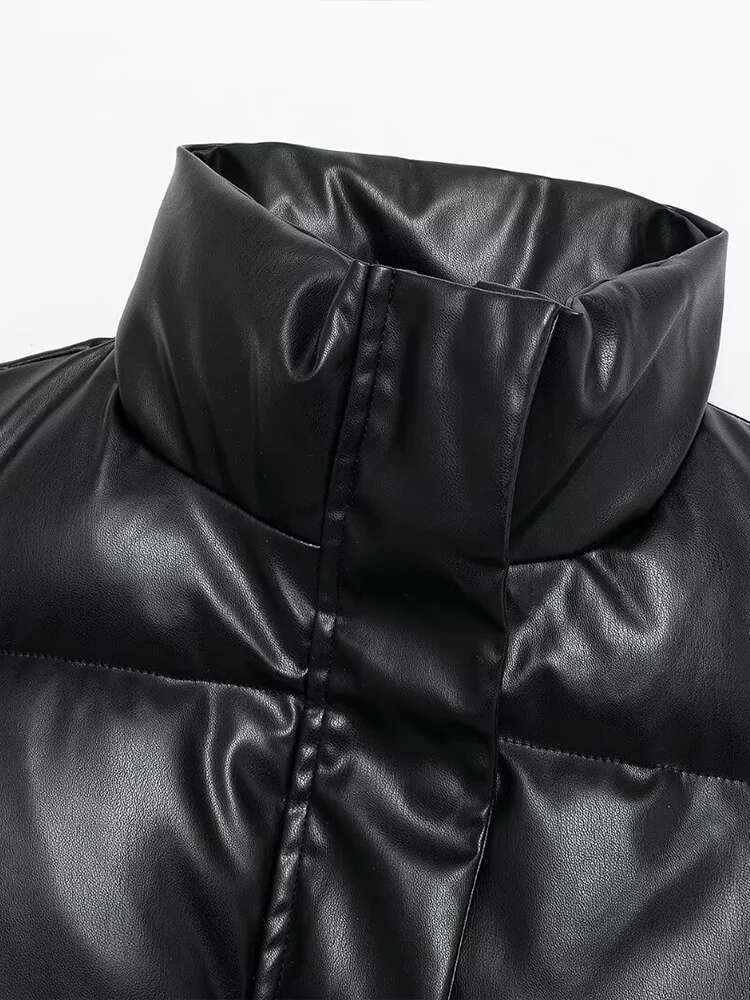2025 Fashion Women's Black Short Vest PU Imitation Leather Cotton Designer Jacket Tank Top Thickened Coat