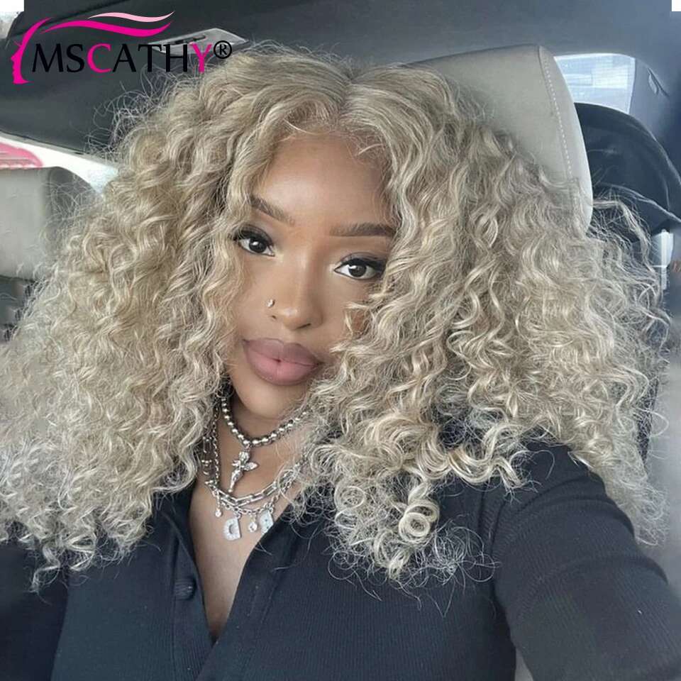 250% Glueless Ash Blonde Colored Human Hair For Women 13x4 13x6 Afro Kinky Curly Transparent Lace Frontal Wigs