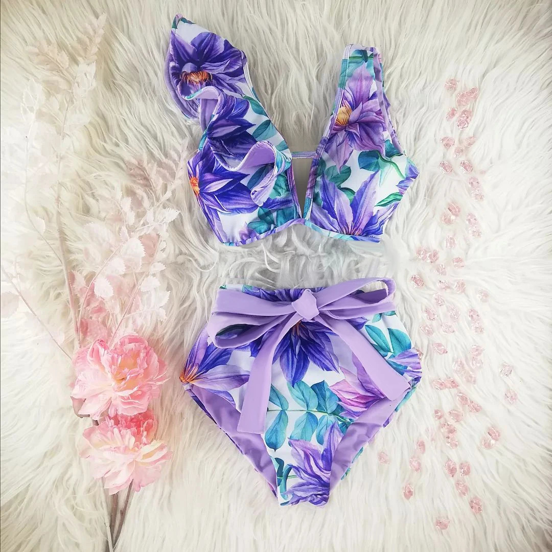 High Waist Bikini Swimwear Women Swimsuit Push Up Bikinis Bathing Suit Biquini Ruffle Summer Beach Wear 250108